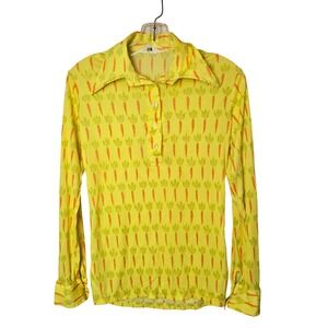 Vintage 70s Yellow Carrot Print Dagger Collar Shirt Retro Novelty Top
